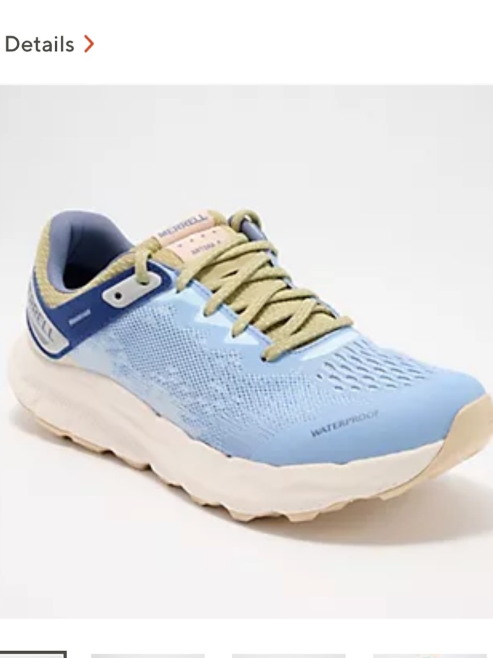 New Merrell woman’s Antora 4WP Light Blue Athletic Sneakers lite blue & moss.